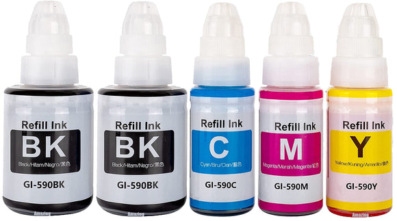 5 Compatible Ink Bottles, For Canon GI590BK, GI-590C, GI590M, GI-590Y, Non-OEM