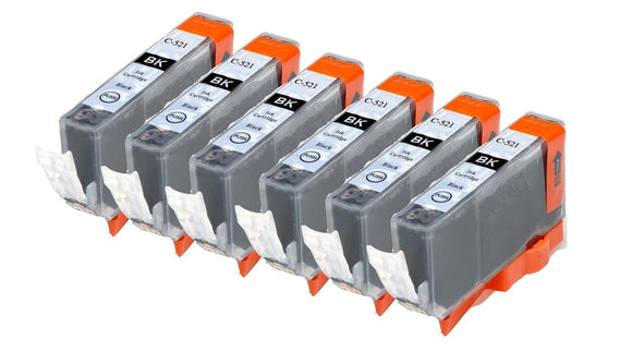 6 Compatible Black Ink Cartridges, Replaces For Canon CLI-521, CLI-521BK NON-OEM