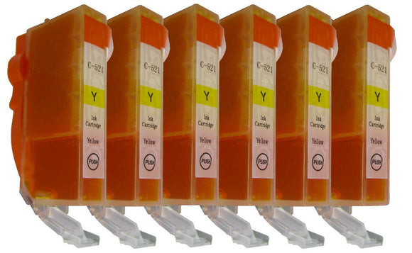 6 Yellow Compatible Ink Cartridges, Replaces For Canon CLI-521, CLI521Y, CLI-521Y NON-OEM