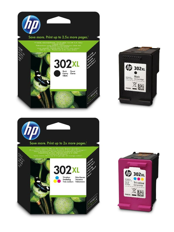 Genuine HP 302XL Combo Pack Black & Tri-Colour Ink Cartridges, F6U68AE & F6U67AE