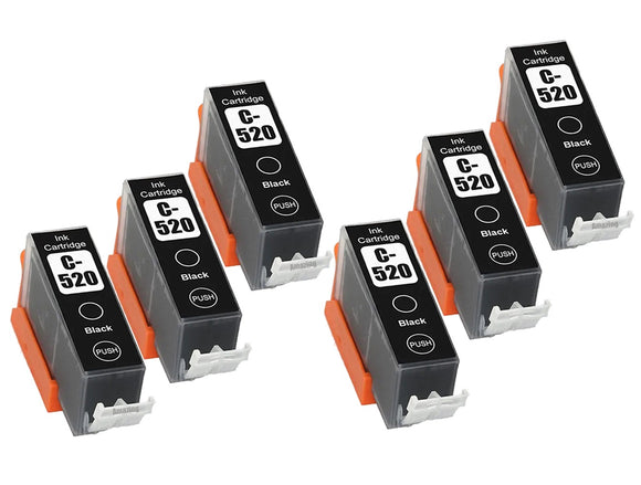 6 Compatible Black Ink Cartridges, Replaces For Canon CLI-520BK, NON-OEM
