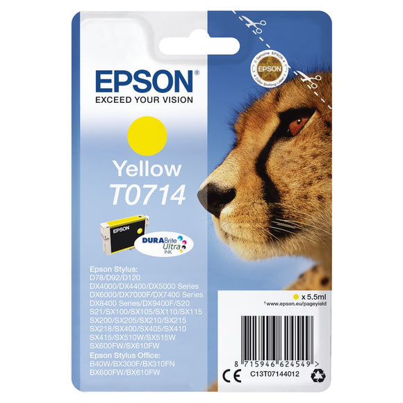 Genuine Epson T0714, Cheetah Yellow Ink Cartridge, TO714, C13T07144012