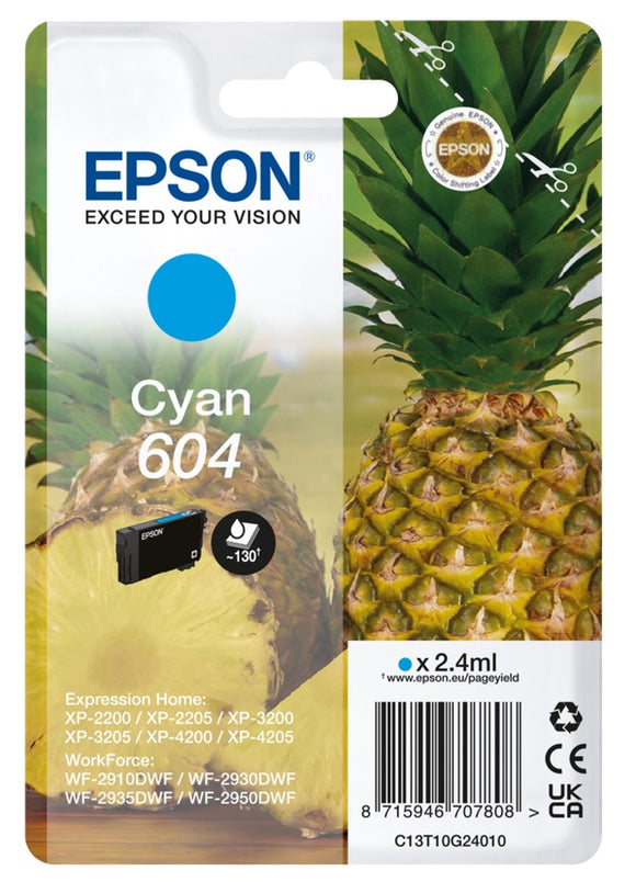 Genuine Epson 604, Pineapple Cyan Ink Cartridge, T10G2, C13T10G24010