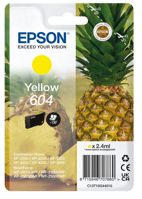 Genuine Epson 604, Pineapple Yellow Ink Cartridge, T10G4, C13T10G44010