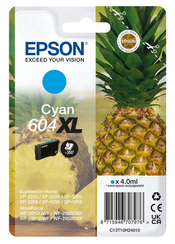 Genuine Epson 604XL, Pineapple Cyan Ink Cartridge, T10H2, C13T10H24010