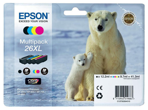 Genuine Epson 26XL, Polar Bear Multipack Ink Cartridges T2636, T263640