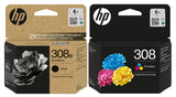 Genuine HP 308e Black & HP 308 Tri-Colour Ink Cartridges, 7FP22UE, 7FP20UE