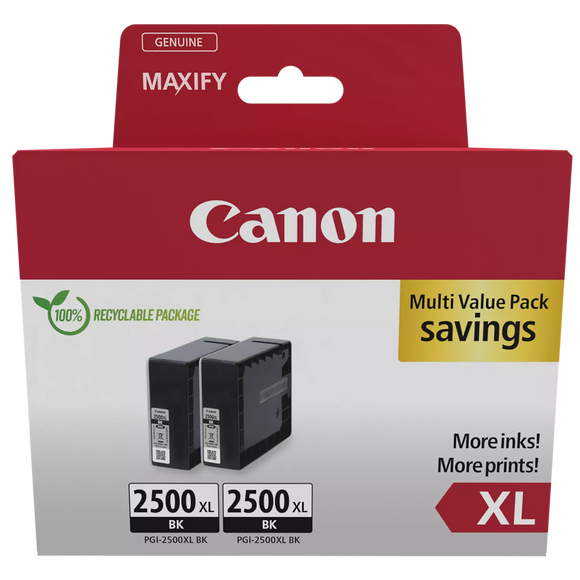 Genuine Canon PGI-2500XL, High Capacity Twin Black Ink Cartridge, PGI-2500XLBK, 9254B011