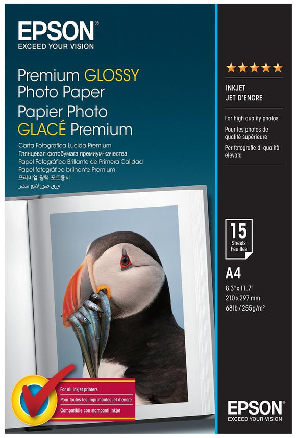 Epson A4 Premium Glossy Photo Paper, 255gsm, 15 Sheets (C13S042155)