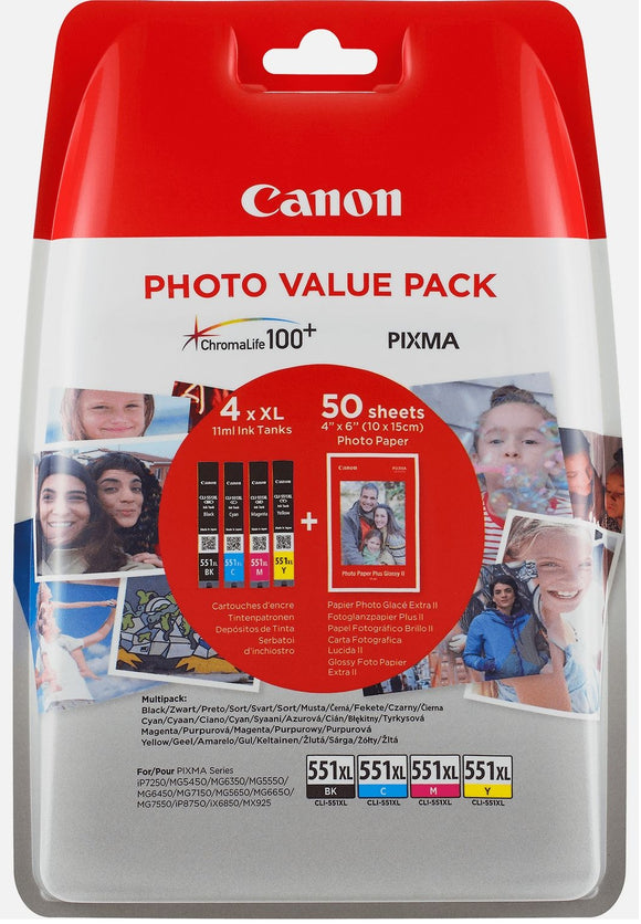 Genuine Canon Value Multipack Ink Cartridges, CLI-551XLBK/C/M/Y, 6443B006