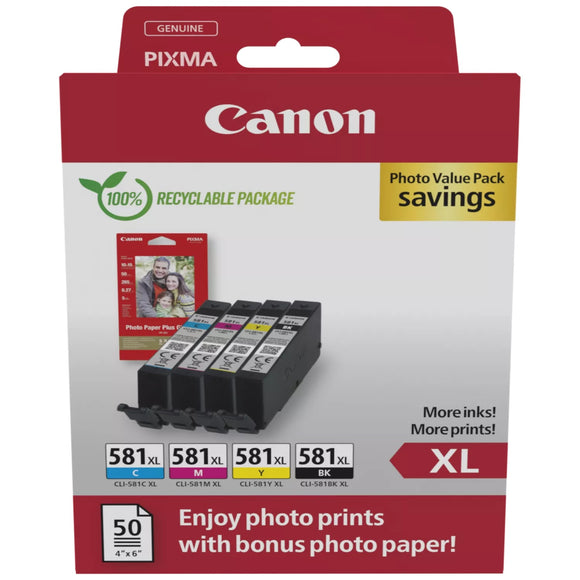 Genuine Canon CLI-581XL MultiPack Ink Cartridge + Photo Paper Value Pack, 2052C004