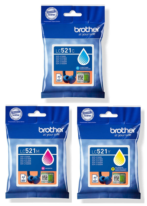Genuine Brother LC521, 3 Colour Ink Cartridges, LC521C, LC-521M, LC-521Y