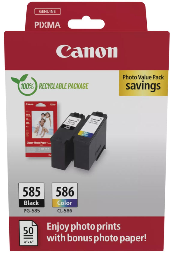 Canon PG-585 Black CL-586 Colour Ink Cartridges Photo Paper Multipack (6205C004)
