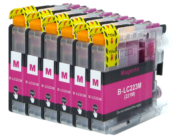 6 Compatible Magenta Ink Cartridges, For Brother LC221M, LC-223M NON-OEM
