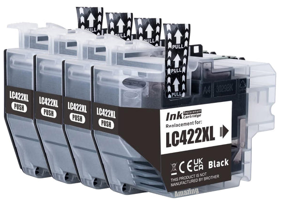 4 Compatible Black Ink Cartridge, Replaces For Brother LC422XLBK NON-OEM