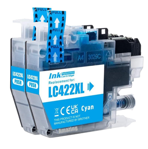 2 Compatible Cyan Ink Cartridge, Replaces For Brother LC422XLC NON-OEM