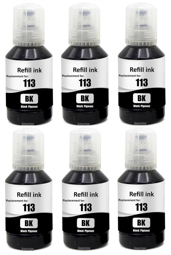 6 Compatible Black Ink Bottle, For Epson EcoTank 113, T06B1, Non-OEM