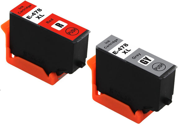 2 Compatible E478XL Red and Grey Ink Cartridges, For Epson 478XL, T04F5, T04F6