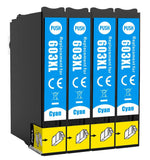 4 Compatible Cyan Ink Cartridges, Replaces For Epson 603XL, T03A2, NON-OEM