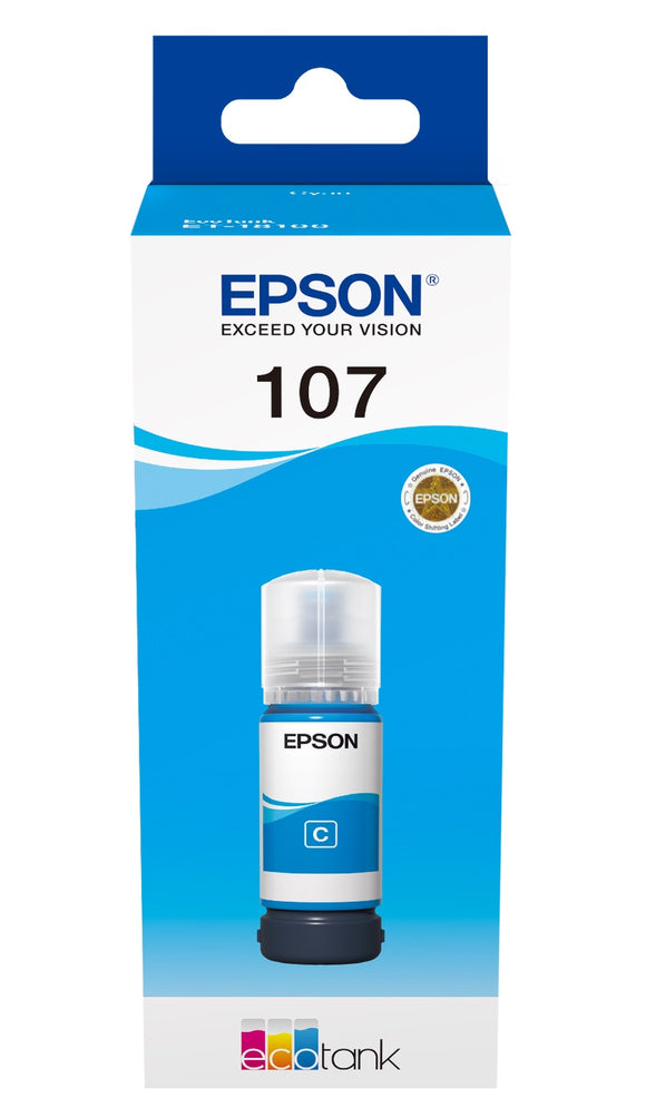 Genuine Epson 107, Cyan Ecotank Ink Bottle, T09B2, C13T09B240, 70ml