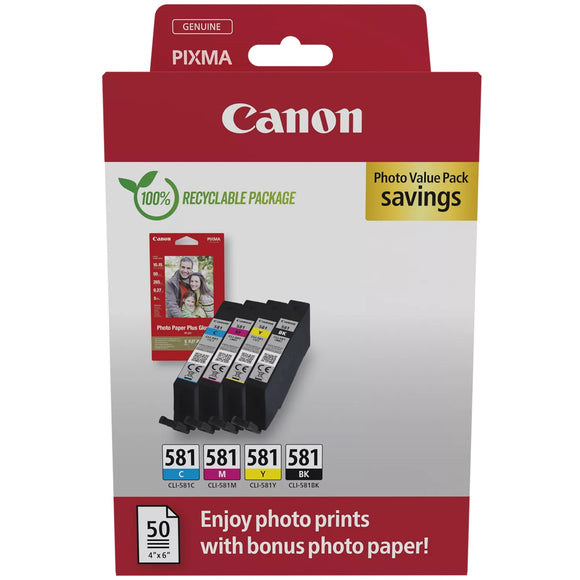 Canon CLI-581 Ink Cartridge Multipack with 50 Sheets of 4x6 Photo Paper (2106C006)