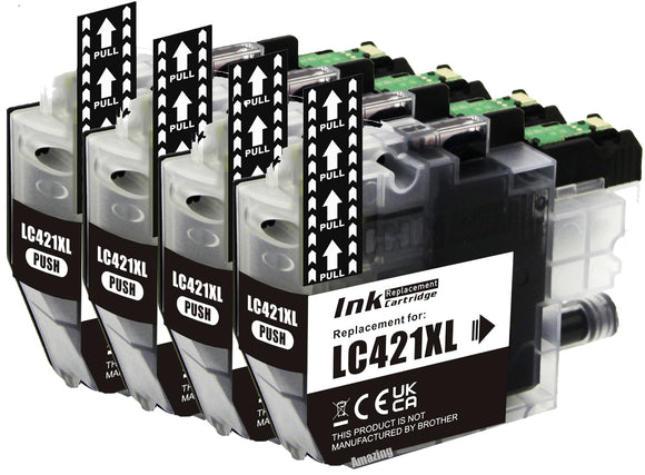 4 Compatible Black Ink Cartridge, Replaces For Brother LC421XLBK NON-OEM