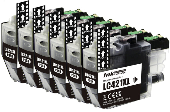 6 Compatible Black Ink Cartridge, Replaces For Brother LC421XLBK NON-OEM