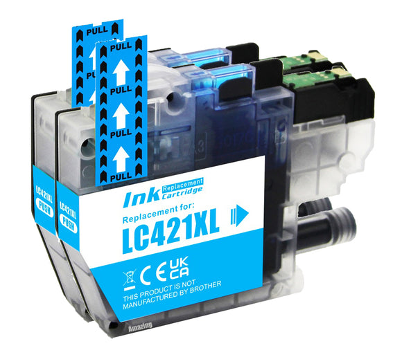 2 Compatible Cyan Ink Cartridge, Replaces For Brother LC421XLC NON-OEM