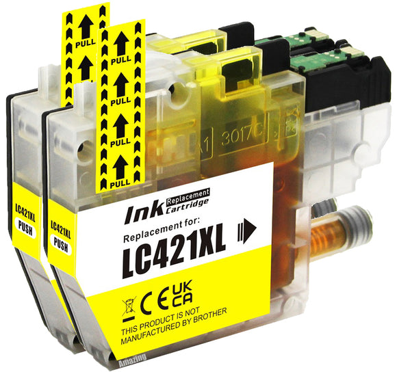 2 Compatible Yellow Ink Cartridge, Replaces For Brother LC421XLY NON-OEM