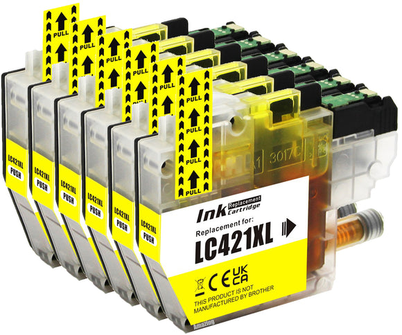 6 Compatible Yellow Ink Cartridge, Replaces For Brother LC421XLY NON-OEM
