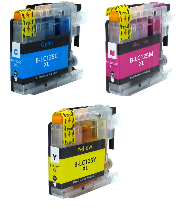 3 Compatible Ink Cartridges For Brother LC125XLC, LC125XLM, LC125XLY NON-OEM