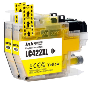 2 Compatible Yellow Ink Cartridge, Replaces For Brother LC422XLY NON-OEM