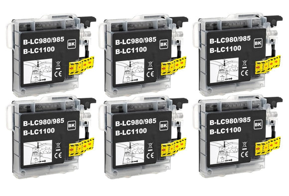 6 Compatible Black Ink Cartridges, Replaces For Brother LC-980BK, LC-1100BK, NON-OEM