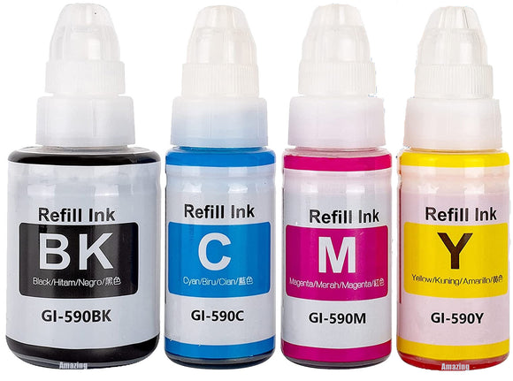 4 Compatible Ink Bottles, For Canon GI590BK, GI-590C, GI590M, GI-590Y, Non-OEM