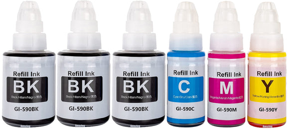 6 Compatible Ink Bottles, For Canon GI590BK, GI-590C, GI590M, GI-590Y, Non-OEM