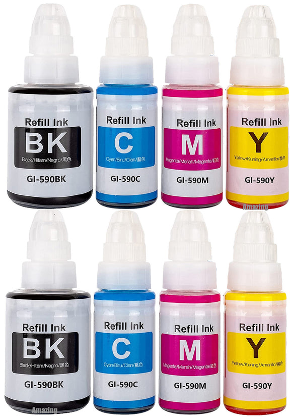 8 Compatible Ink Bottles, For Canon GI590BK, GI-590C, GI590M, GI-590Y, Non-OEM