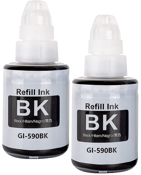 2 Compatible Black Ink Bottles, For Canon GI590BK, GI-590BK, Non-OEM