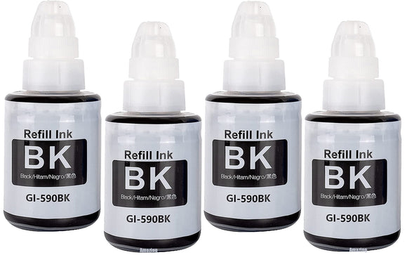 4 Compatible Black Ink Bottles, For Canon GI590BK, GI-590BK, Non-OEM