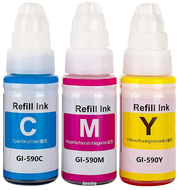 3 Compatible Ink Bottles, For Canon GI-590C, GI590M, GI-590Y, Non-OEM