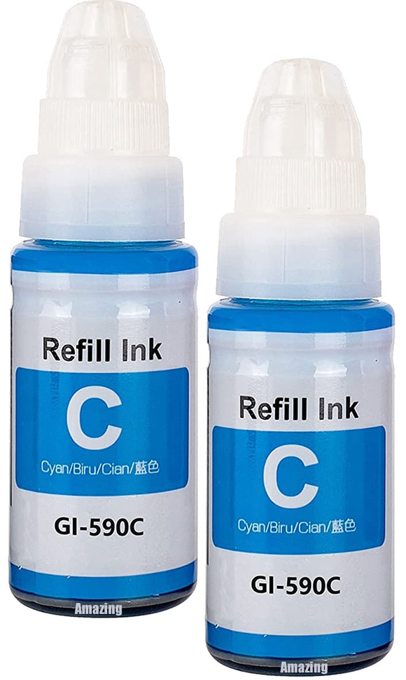 2 Compatible Cyan Ink Bottles, For Canon GI590C, GI-590C, Non-OEM