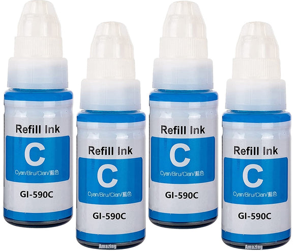 4 Compatible Cyan Ink Bottles, For Canon GI590C, GI-590C, Non-OEM