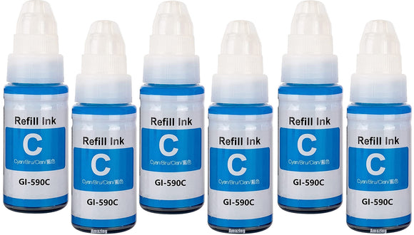 6 Compatible Cyan Ink Bottles, For Canon GI590C, GI-590C, Non-OEM