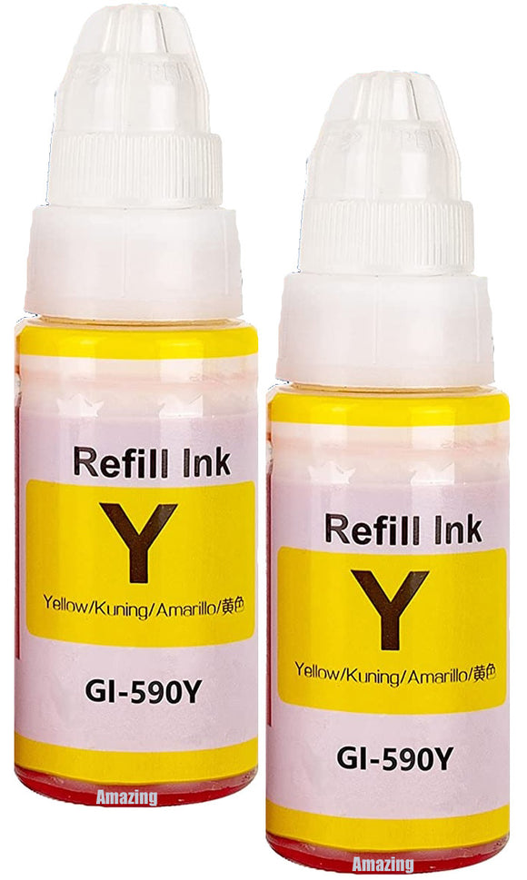 2 Compatible Yellow Ink Bottles, For Canon GI590Y, GI-590Y, Non-OEM