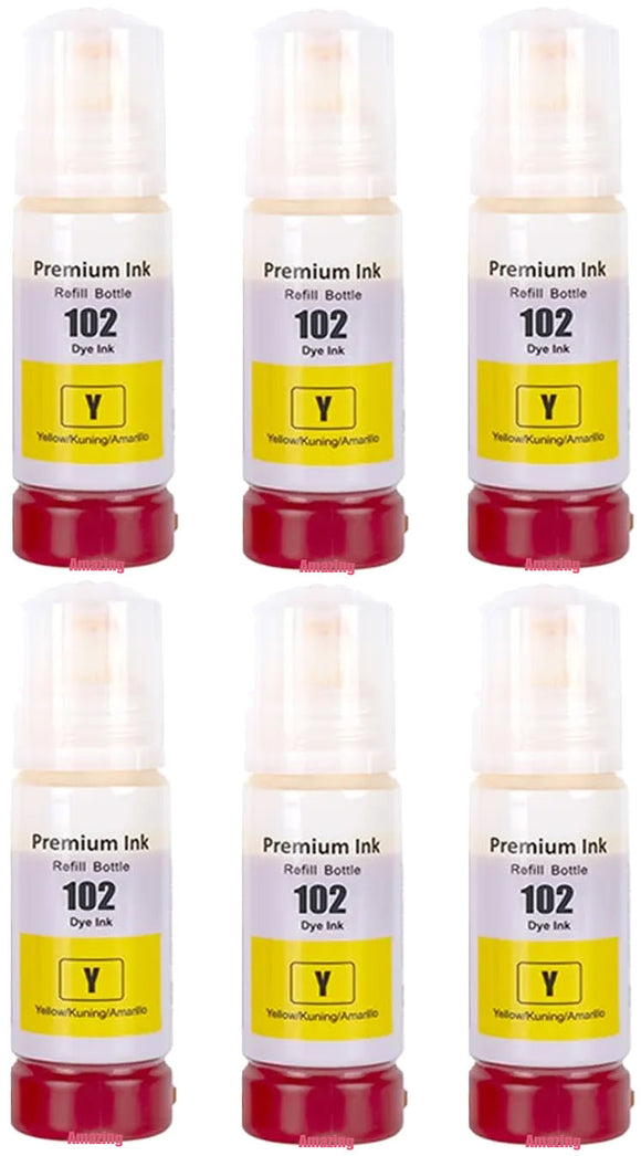 6 Compatible E102 Yellow Ink Bottle, For Epson 102, T03R4, Non-OEM