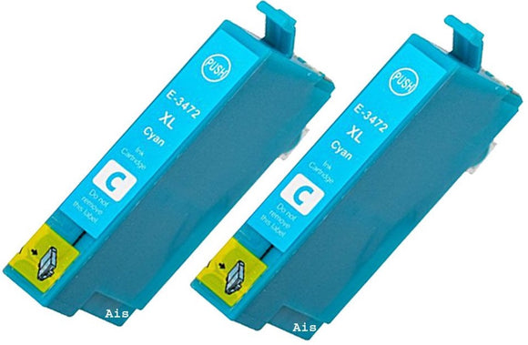 2 Compatible E34XL Cyan Ink Cartridge, For Epson 34XL, T3472, NON-OEM