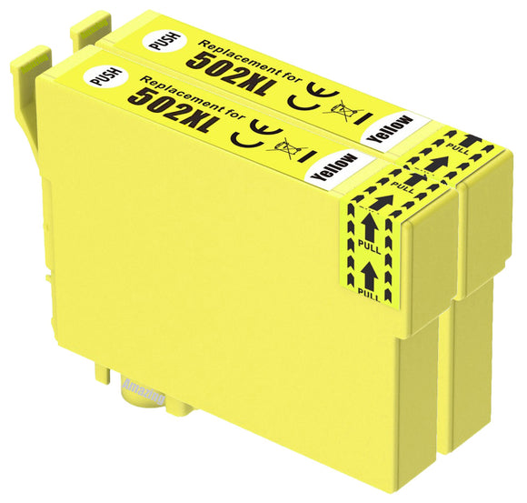 2 Compatible High Capacity Yellow Ink Cartridge, For Epson 502XL, T02W4, NON-OEM
