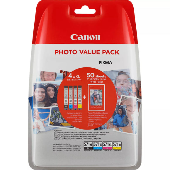 Genuine Canon Value Pack CLI-571XL B/C/M/Y High Yield Ink Cartridges, 0332C005