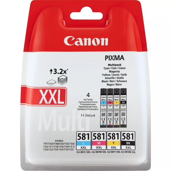 Genuine Canon CLI-581XXL MultiPack Ink Cartridges, CLI-581XXL BK/C/M/Y 1998C005