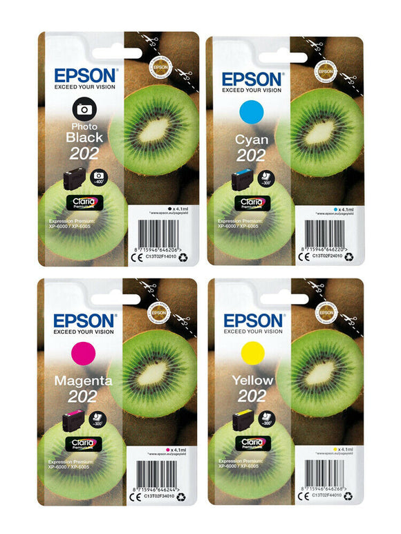Genuine Epson 202, Kiwi 4 Colour Multipack Ink Cartridges, T02F1, T02F2, T02F3, T02F4