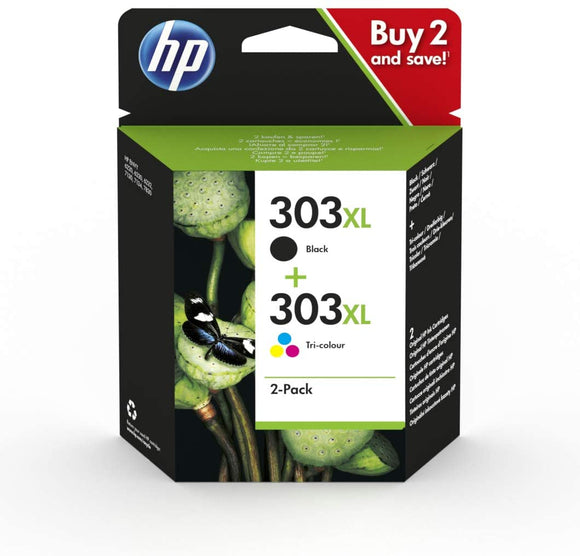 Genuine HP 303XL Combo Pack Vivera Black & Colour Ink Cartridges, 3YN10, 3YN10AE